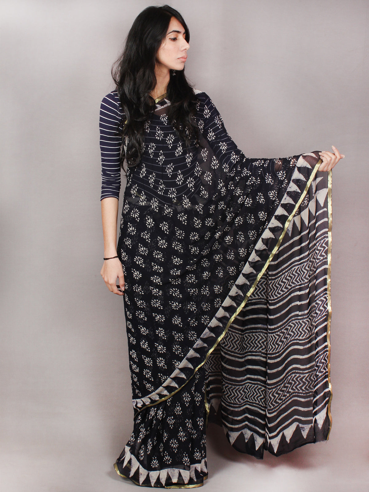 Black White Hand Block Printed in Natural Colors Chiffon Saree - S03170791
