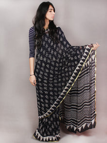 Black White Hand Block Printed in Natural Colors Chiffon Saree - S03170791