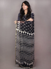 Black White Hand Block Printed in Natural Colors Chiffon Saree - S03170791