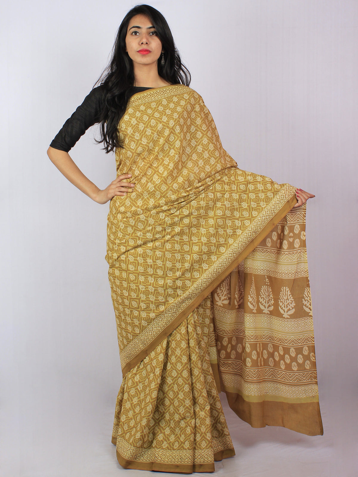 Mustard Yellow Ivory Hand Block Printed in Natural Colors Cotton Mul Saree - S03170792
