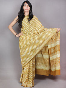 Goldenrod Yellow White Hand Block Printed in Natural Colors Cotton Mul Saree - S03170797