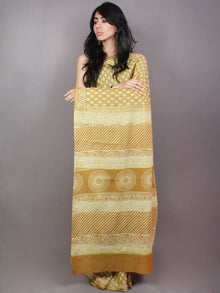 Goldenrod Yellow White Hand Block Printed in Natural Colors Cotton Mul Saree - S03170797