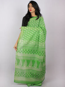 Persian Green White Hand Block Printed in Natural Colors Cotton Mul Saree - S03170798