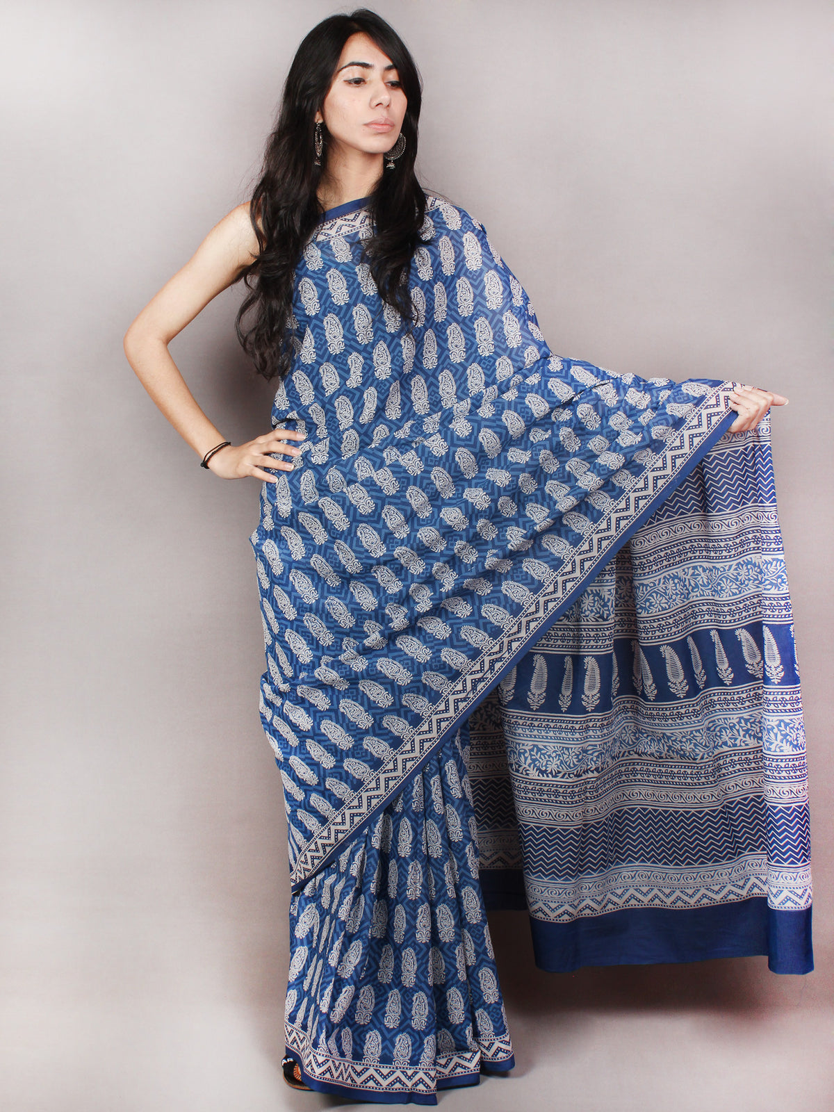 Indigo Blue White Hand Block Printed in Natural Colors Cotton Mul Saree - S03170799