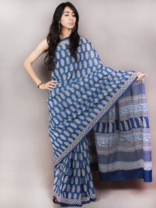 Indigo Blue White Hand Block Printed in Natural Colors Cotton Mul Saree - S03170799