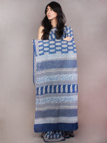 Indigo Blue White Hand Block Printed in Natural Colors Cotton Mul Saree - S03170799