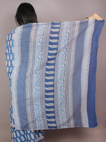 Indigo Blue White Hand Block Printed in Natural Colors Cotton Mul Saree - S03170799