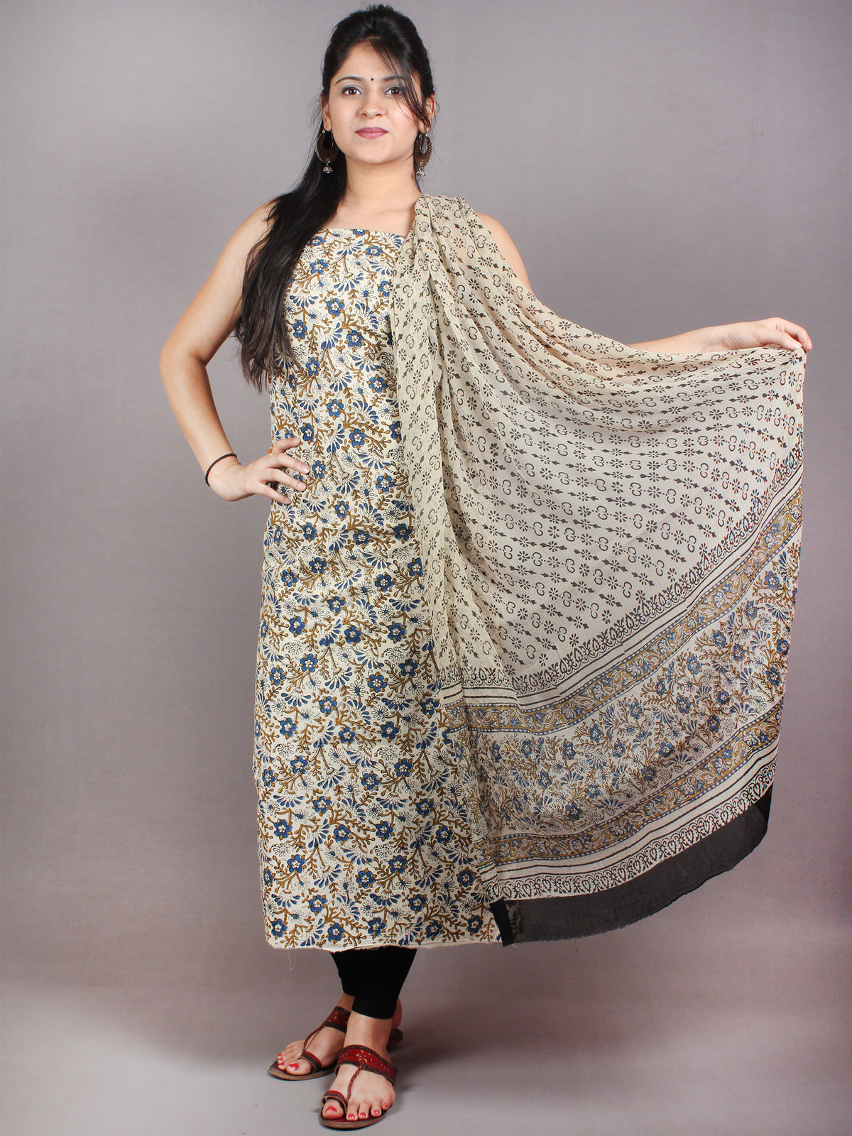 Off White Blue Brown Hand Block Printed Cotton Suit-Salwar Fabric With Chiffon Dupatta - S1628048