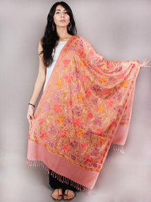 Peach Jaldar Aari Embroidery Pure Wool Stole from Kashmir - S6317080