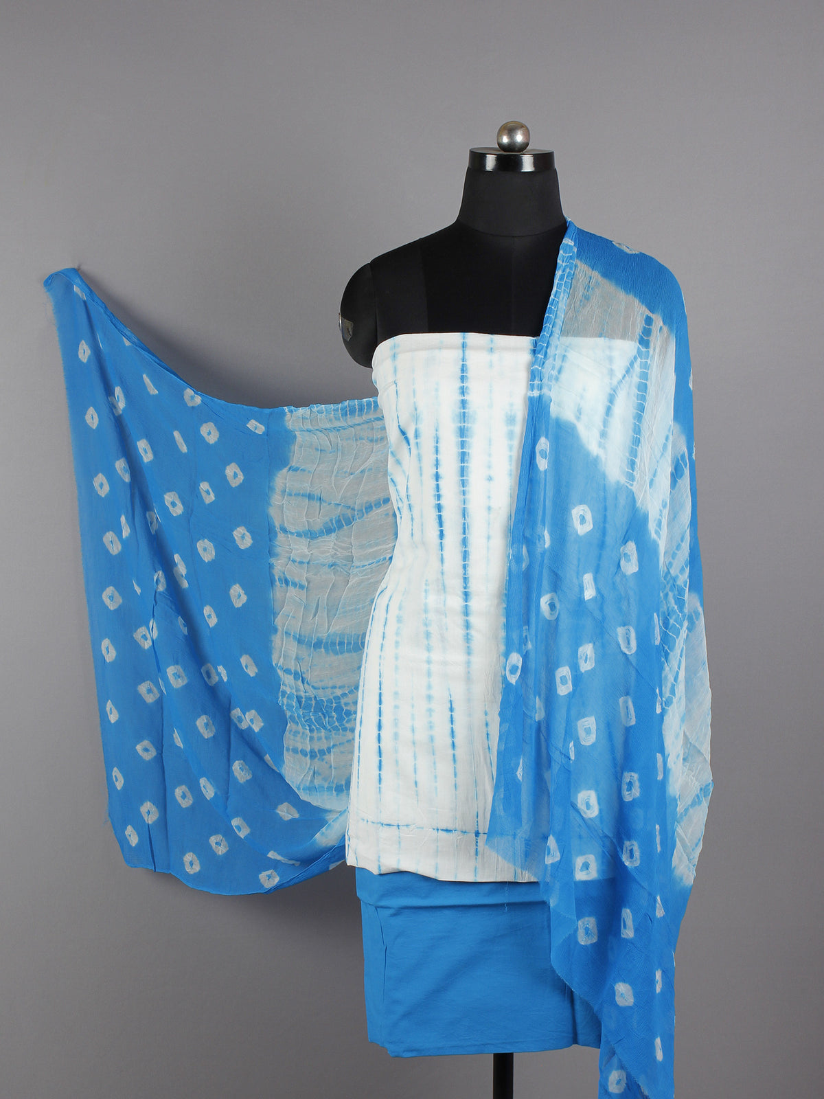 Sky Blue Ivory Hand Shibori Dyed Cotton Suit-Salwar Fabric With Chiffon Dupatta - S16281237