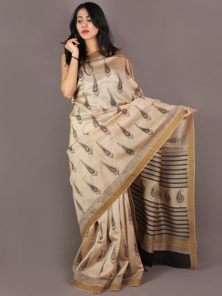 Beige Black  Hand Block Printed in Natural Vegetable Colors Chanderi Saree With Geecha Border - S03170319