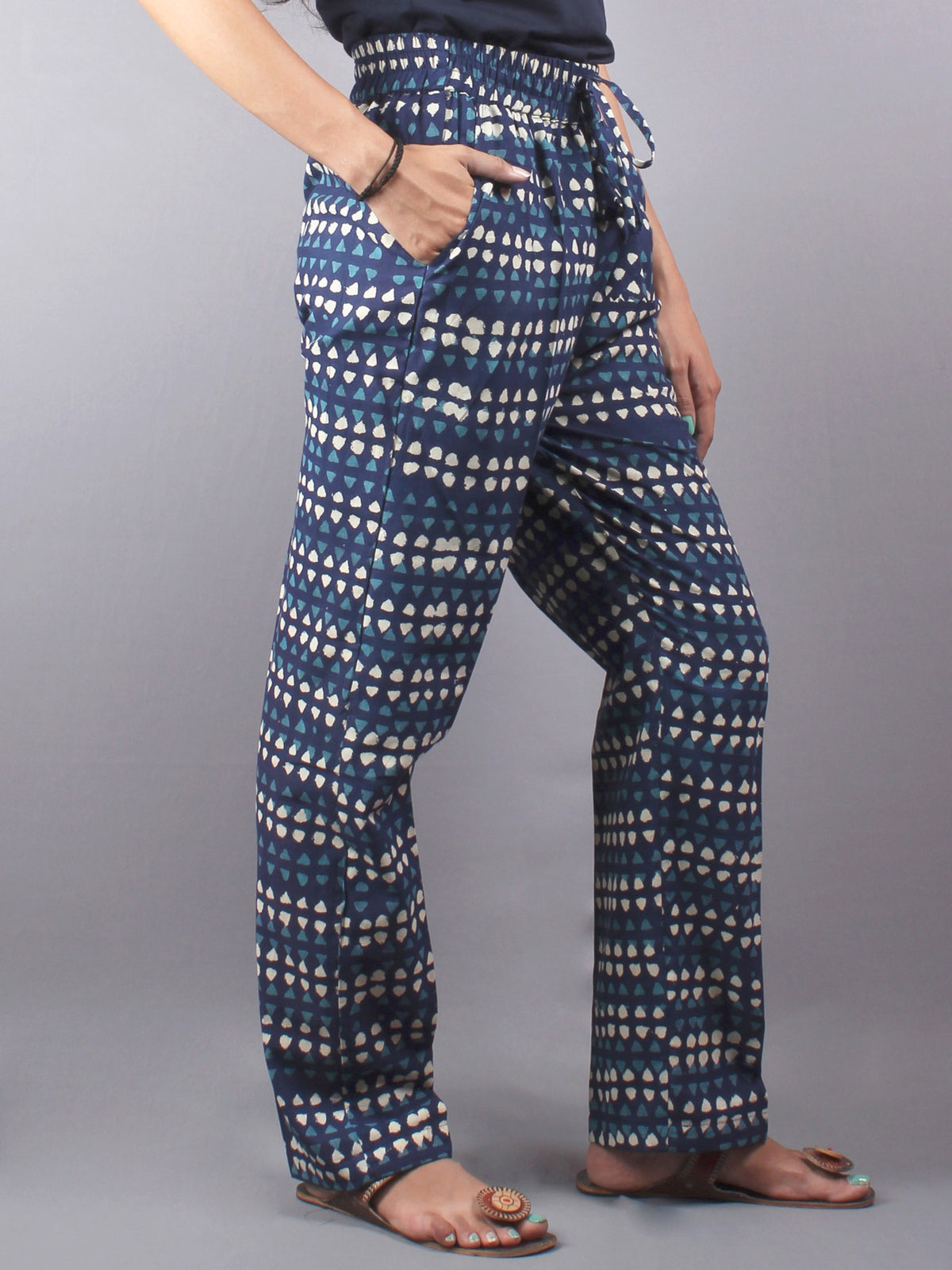 Indigo Hand Block Printed Elasticated Waist Trousers- T0317008