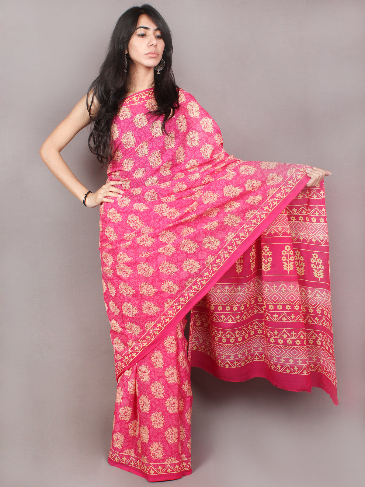 Pink Yellow White Block Printed in Natural Colors Cotton Mul Saree - S03170801