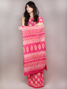 Pink Yellow White Block Printed in Natural Colors Cotton Mul Saree - S03170801