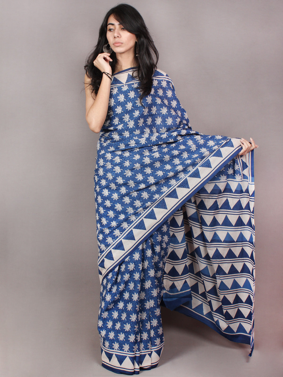Indigo White Hand Block Printed in Natural Colors Cotton Mul Saree - S03170802