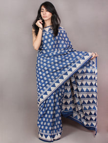 Indigo White Hand Block Printed in Natural Colors Cotton Mul Saree - S03170802