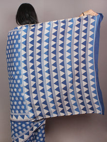 Indigo White Hand Block Printed in Natural Colors Cotton Mul Saree - S03170802