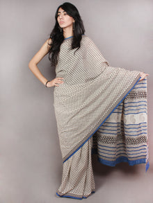 Ivory Black Blue Hand Block Printed in Natural Colors Cotton Mul Saree - S03170803