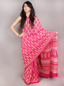 Pink Yellow White Block Printed in Natural Colors Cotton Mul Saree - S03170805