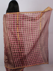Sepia Brown Pink White Hand Block Printed in Natural Colors Chanderi Saree - S03170806