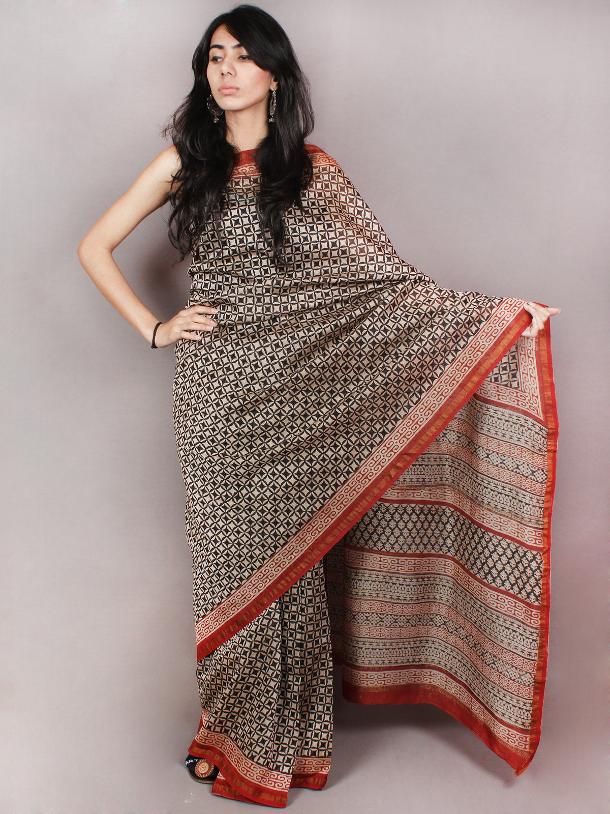Ivory Black Maroon Hand Block Printed in Natural Colors Chanderi Saree - S03170807