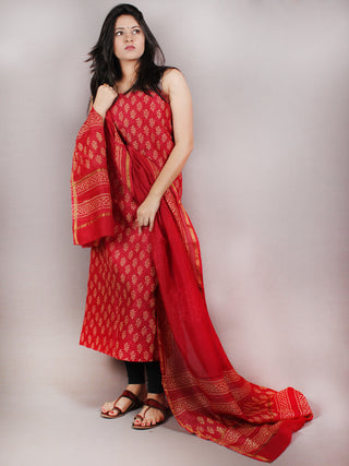 Deep Red Beige Hand Block Printed Chanderi Kurta-Salwar Fabric With Chanderi Dupatta - S1628081