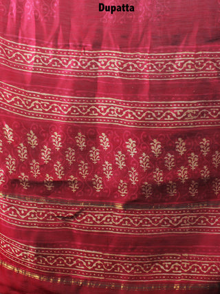 Deep Red Beige Hand Block Printed Chanderi Kurta-Salwar Fabric With Chanderi Dupatta - S1628081