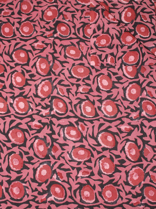 Black Pink Red Hand Block Printed Cotton Cambric Fabric Per Meter - F0916433