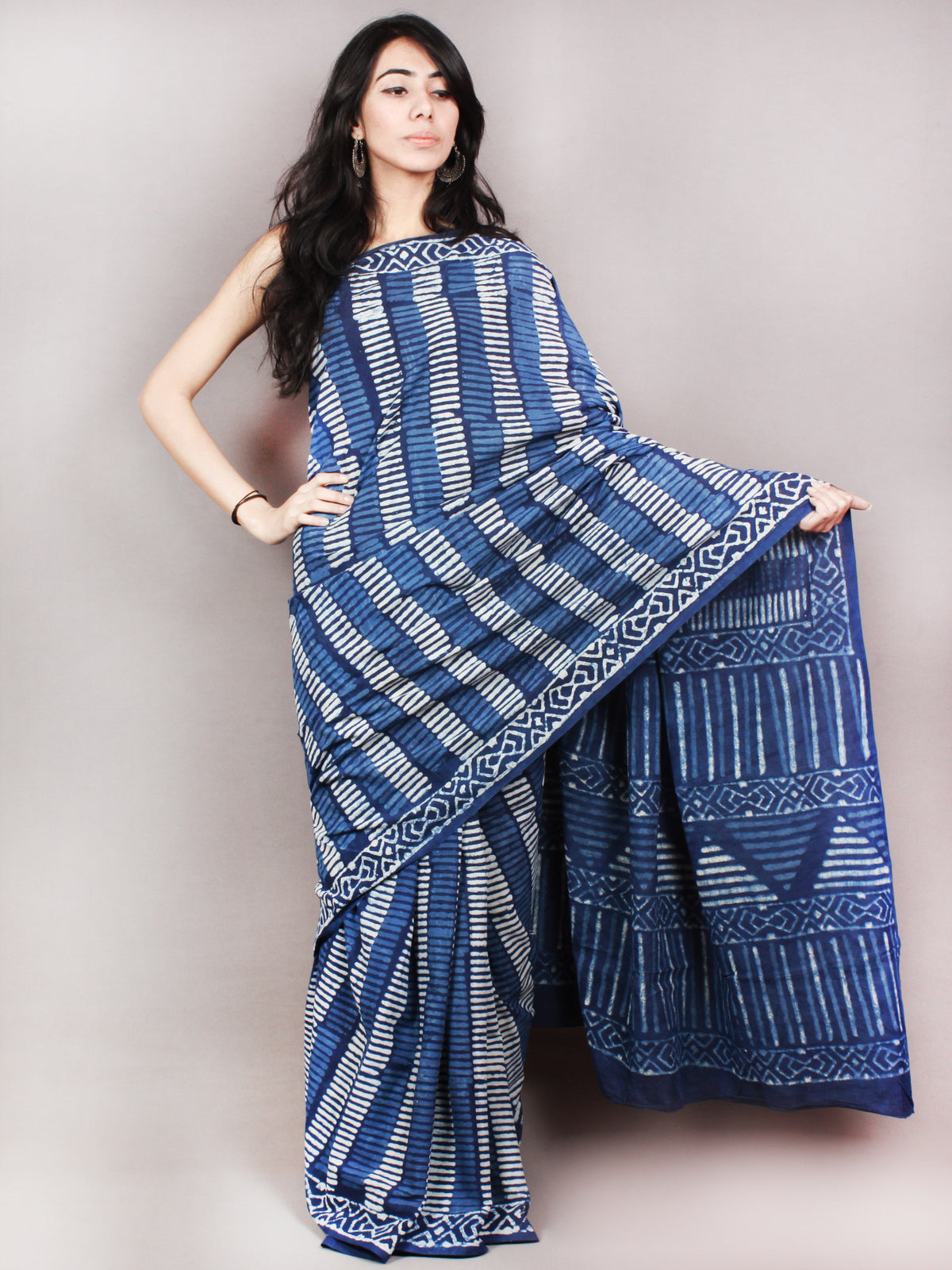 Indigo White Hand Block Printed Cotton Saree in Natural Colors - S03170812