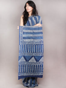 Indigo White Hand Block Printed Cotton Saree in Natural Colors - S03170812