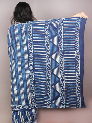 Indigo White Hand Block Printed Cotton Saree in Natural Colors - S03170812