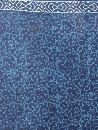 Indigo White Hand Block Printed Cotton Saree in Natural Colors - S03170812