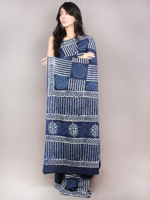 Indigo White Hand Block Printed Cotton Saree in Natural Colors - S03170813