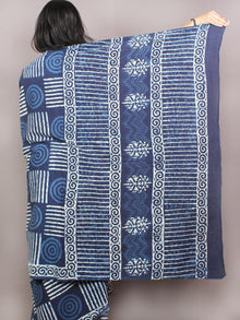 Indigo White Hand Block Printed Cotton Saree in Natural Colors - S03170813
