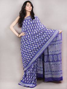 Purple White Hand Block Printed Cotton Saree in Natural Colors - S03170816