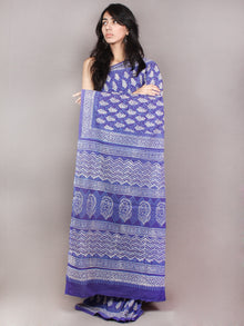 Purple White Hand Block Printed Cotton Saree in Natural Colors - S03170816
