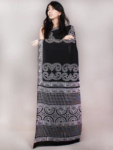 Black White Hand Block Printed Cotton Saree in Natural Colors - S03170819