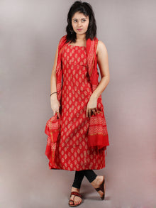 Deep Red Beige Hand Block Printed Chanderi Kurta-Salwar Fabric With Chanderi Dupatta - S1628082