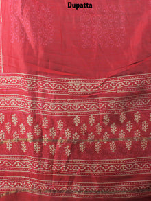Deep Red Beige Hand Block Printed Chanderi Kurta-Salwar Fabric With Chanderi Dupatta - S1628082