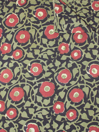 Black Green red Hand Block Printed Cotton Cambric Fabric Per Meter - F0916435