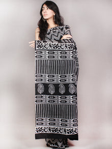 Black White Hand Block Printed Cotton Saree in Natural Colors - S03170822