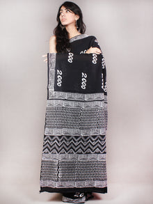 Black White Hand Block Printed Cotton Saree in Natural Colors - S03170823