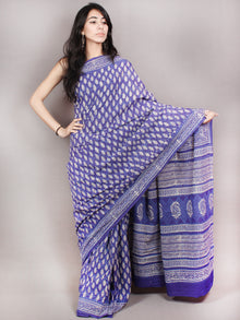 Purple White Hand Block Printed Cotton Saree in Natural Colors - S03170824