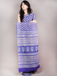 Purple White Hand Block Printed Cotton Saree in Natural Colors - S03170824