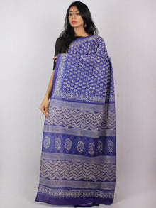 Purple Ivory Blue Hand Block Printed Cotton Saree in Natural Colors - S03170825