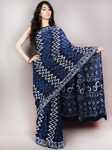 Indigo White Hand Block Printed Cotton Saree in Natural Colors - S03170826