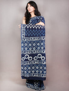 Indigo White Hand Block Printed Cotton Saree in Natural Colors - S03170826