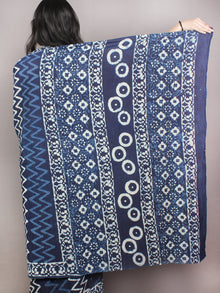 Indigo White Hand Block Printed Cotton Saree in Natural Colors - S03170826