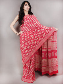 Pink White Hand Block Printed Cotton Saree in Natural Colors - S03170827