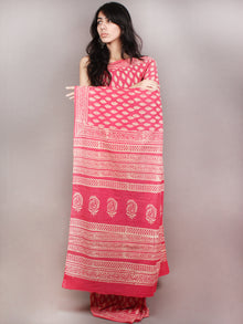 Pink White Hand Block Printed Cotton Saree in Natural Colors - S03170827